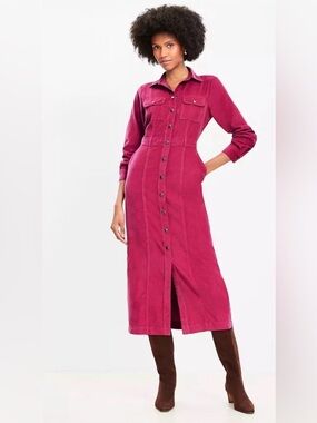 LOFT Petite Fuchsia Corduroy Button Front Midi Shirtdress NWT 4P